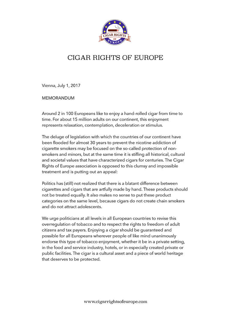 Cigar Rights of Europe Memorandum